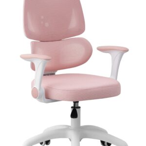 Silla de estudio CHAMONIX, blanca, brazos, ergonómica, regulación de altura, malla y asiento rosa