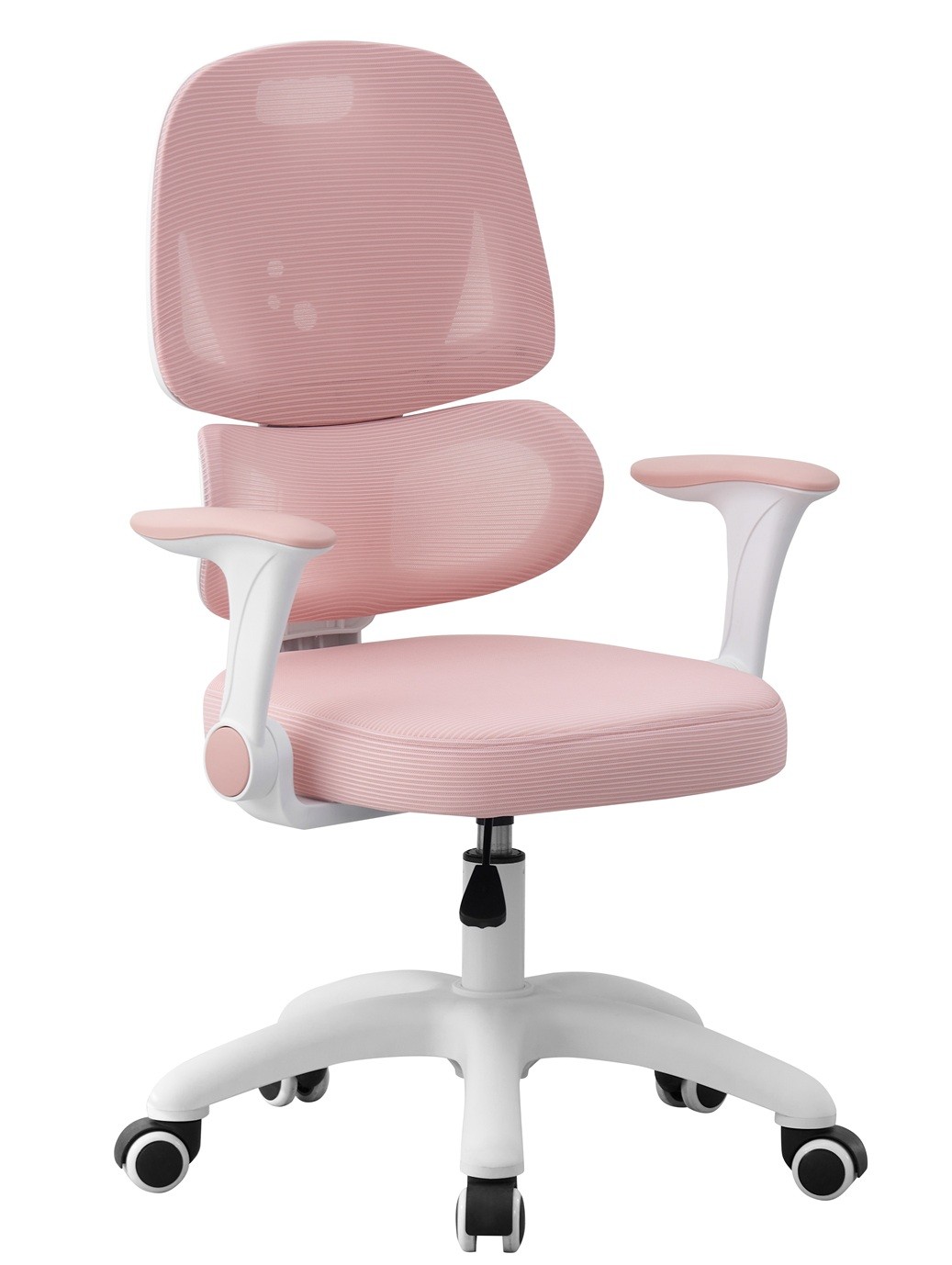 Silla de estudio CHAMONIX, blanca, brazos, ergonómica, regulación de altura, malla y asiento rosa