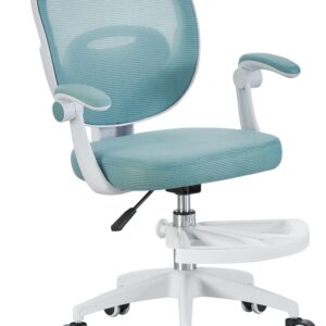 Silla de estudio JOLIVET, blanca, brazos, ergonómica, regulación de altura, malla y asiento azul
