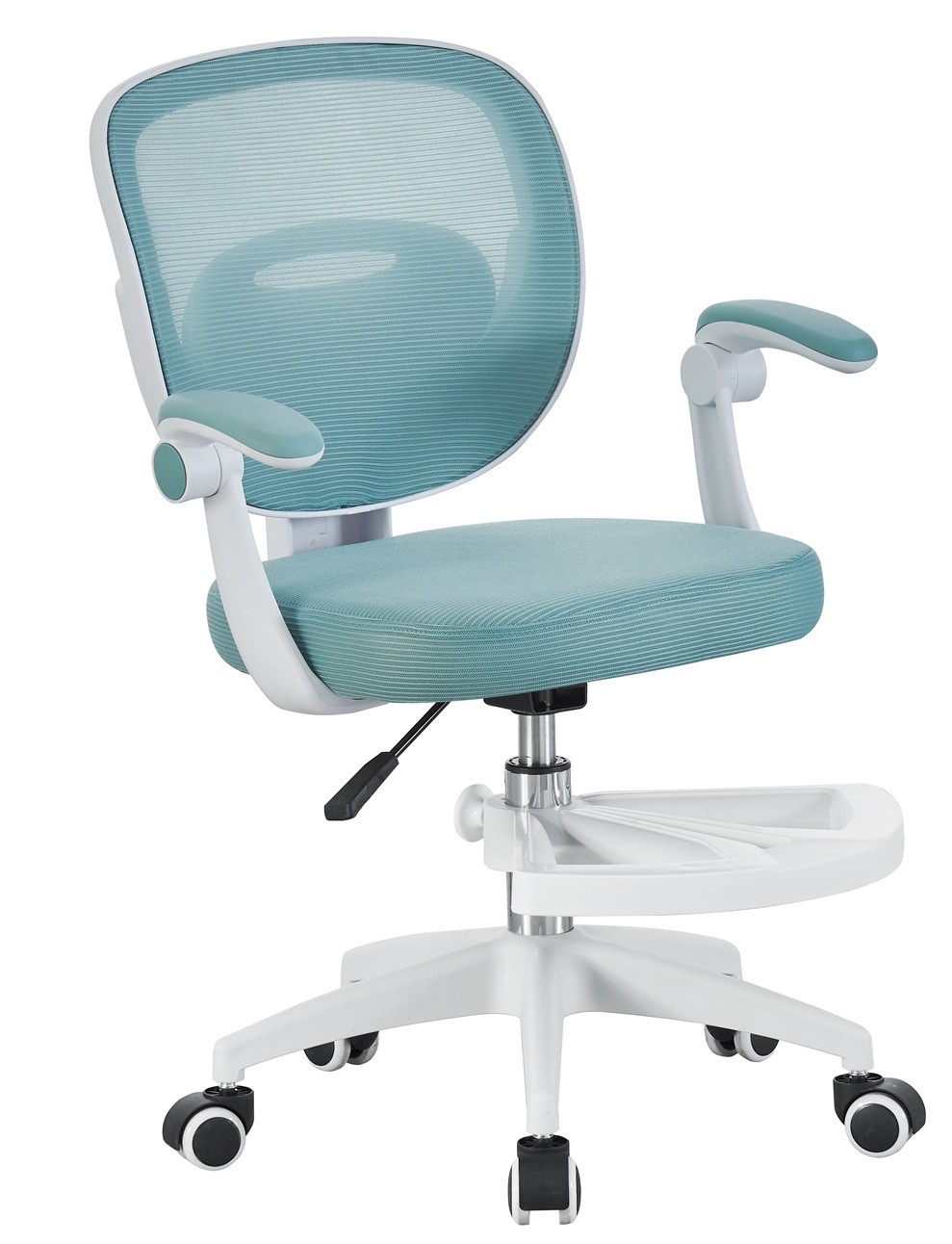 Silla de estudio JOLIVET, blanca, brazos, ergonómica, regulación de altura, malla y asiento azul