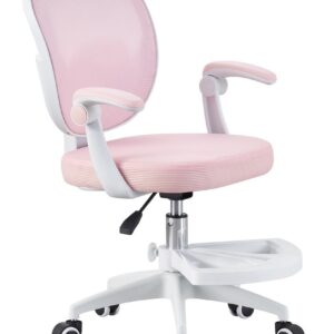 Silla de estudio JOLIVET, blanca, brazos, ergonómica, regulación de altura, malla y asiento rosa