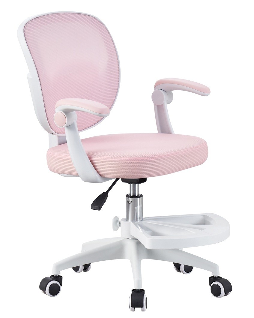 Silla de estudio JOLIVET, blanca, brazos, ergonómica, regulación de altura, malla y asiento rosa
