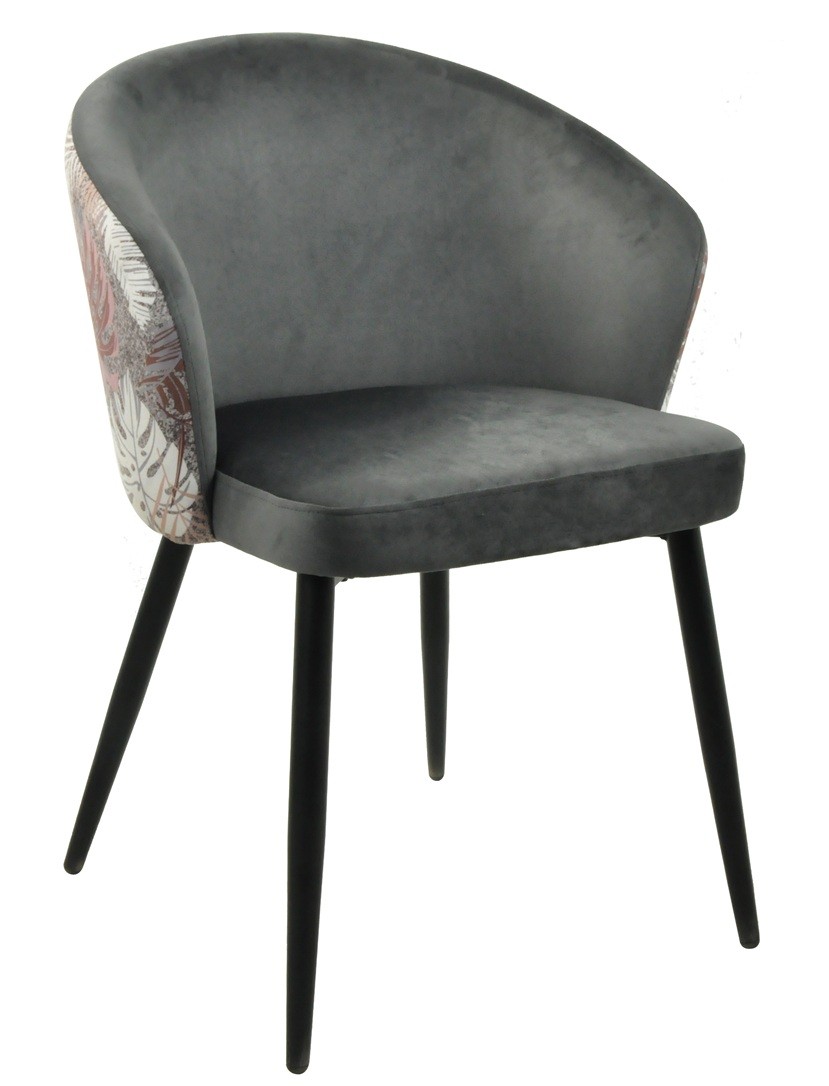 Silla LYDIA, metal, tapizado velvet gris con respaldo floral a juego